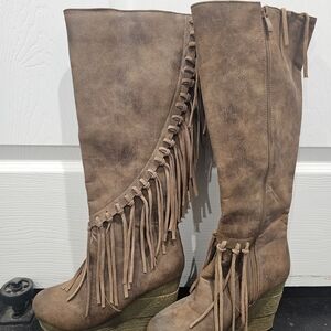 Sicca Brown Fringe Knee-High Wedge Boots